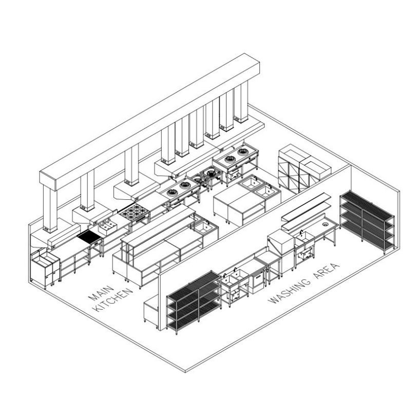Restaurant kitchen design, kitchen system, 3D