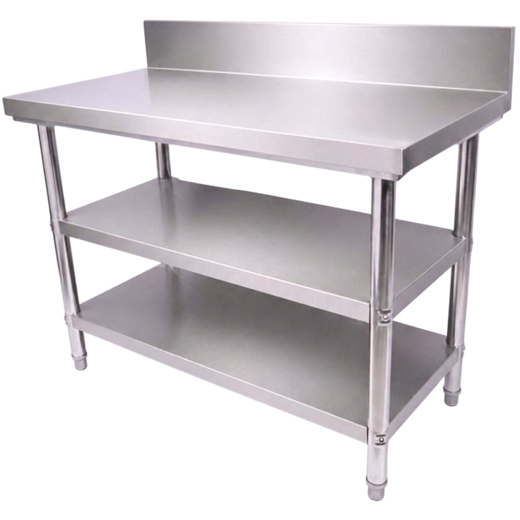 โต๊ะสเตนเลสมีแผ่นกั้นผนัง 75x110x85+15 ซม. (ชั้นวางของสองชั้น)