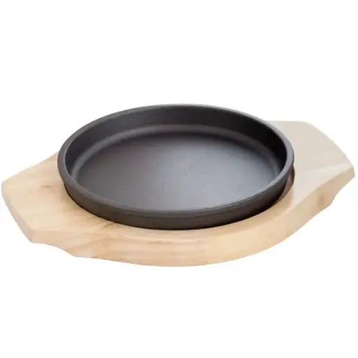 [SET0003] 丸型鉄ステーキ皿 (木台付) 20 cm