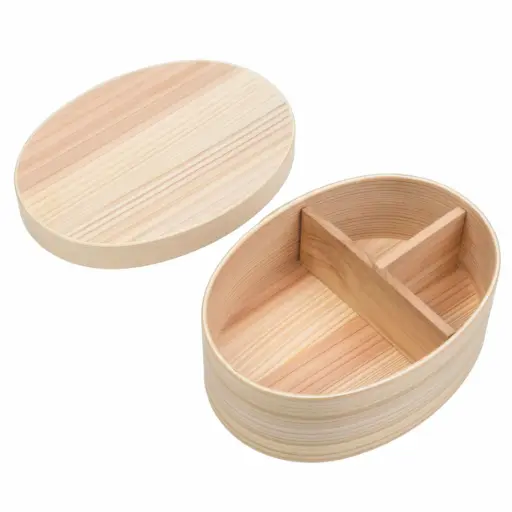 [WOD0159] 木製楕円弁当箱 3仕切り 17.5x12.8 cm